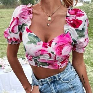 *NEW* SHEIN Floral Print Puff Sleeve Sweatheart Neck Crop Blouse